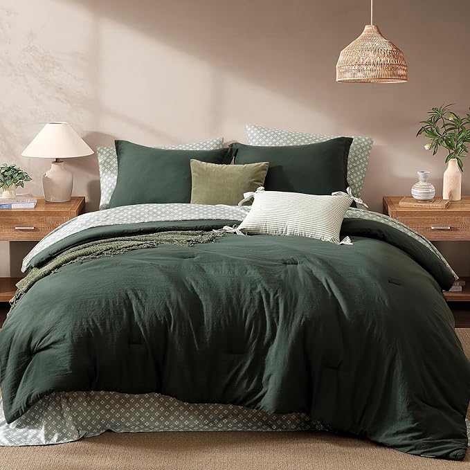 Monbix California King Size Comforter Set - 7 Pieces Deep Forest Prewashed Bed in a Bag Bedding Sets with Comforters, All Seasons Ultra Soft Comforter Bed Set with Sheets, Pillowcases & Shams