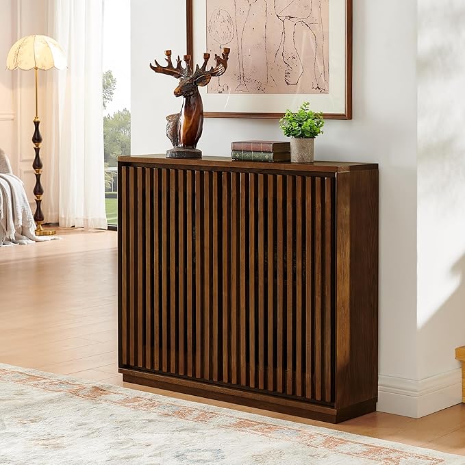 Ball & Cast 39" Narrow Sideboard Cabinet with Storage, Mid Century Modern Buffet Credenza Cabinet w/Fluted Doors & 2 Outlet Holes,for Living Room,Dining Rooms, Entryway, Kitchen Coffee Bar, Walnut