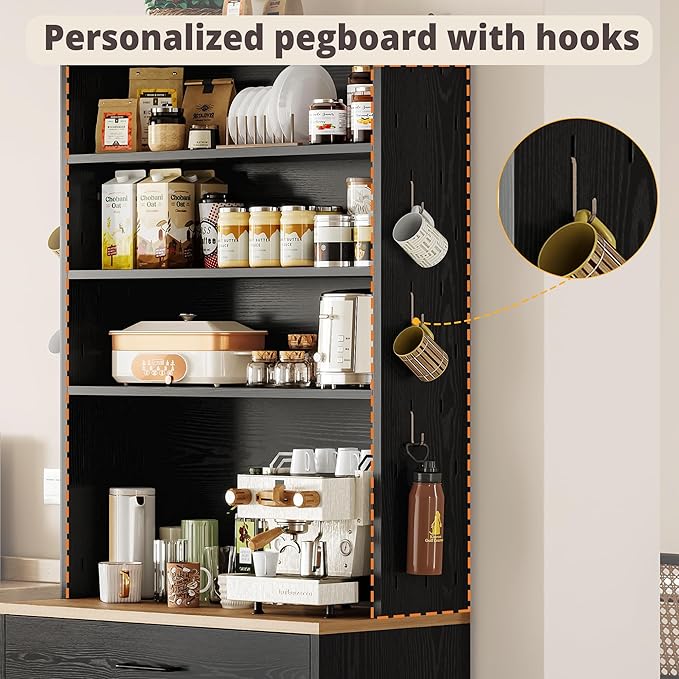 IRONCK Bakers Rack Microwave Stand with Customizable Pegboard and Storage, 71" Farmhouse Coffee Bar Cabinet with Drawer, Barn Doors, Adjustable Shelves for Kitchen, Dining Room, Living Room, Black