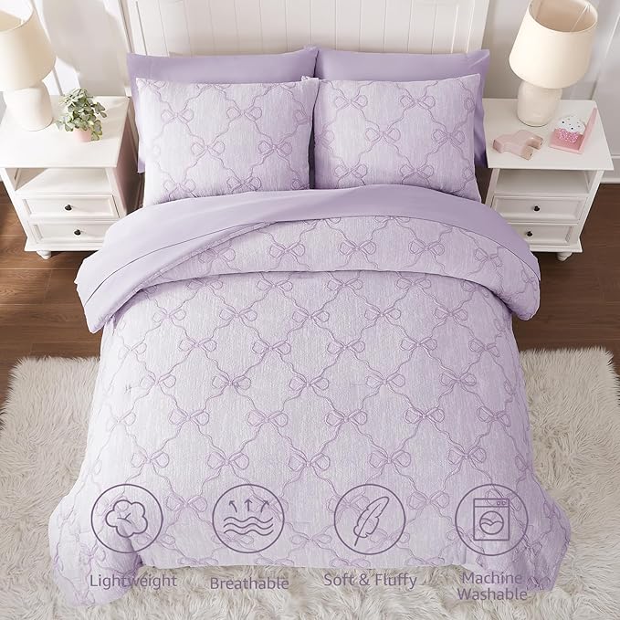Queen Comforter Set with Sheets for Girls-7 Pieces Queen Bedding Sets with Light Purple Comforter, Sheets, Pillowcases & Shams for Kids (Purple Diamond, 90" X 90")