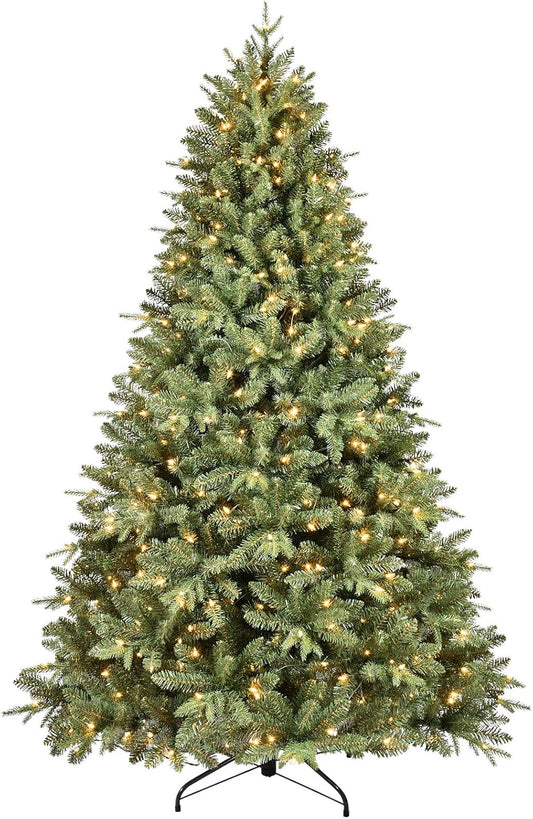 6.5 FT Pre-Lit Artificial Christmas Tree with 1706 PE&PVC Mixed Branch Tips, 450 Warm White Lights, Hinged Premium Spruce Fake Xmas Trees, Green, Foldable Base