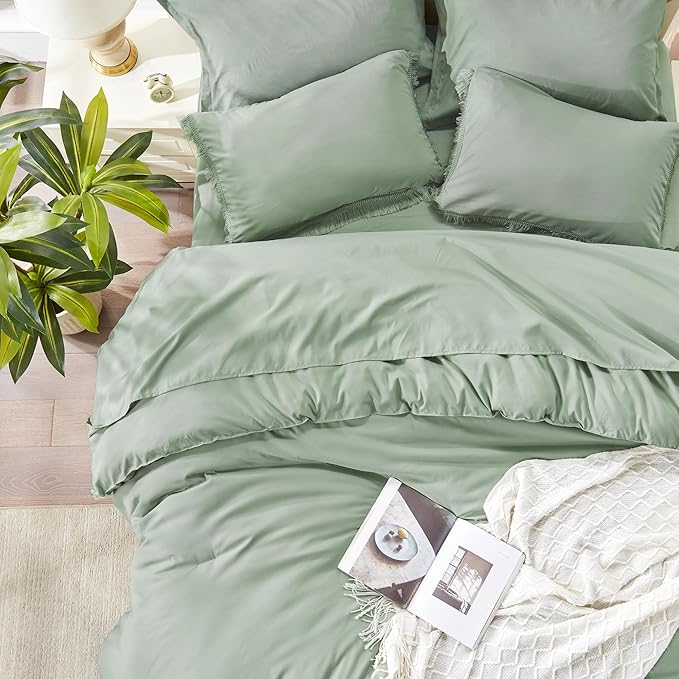 Andency Sage Green Comforter Set King Size with Sheets -7 Pieces Boho Tassel Bed in a Bag Soft Lightweight Bedding Sets, All Season Fringe Bed Set with Comforter, Sheets, Pillowcases & Shams