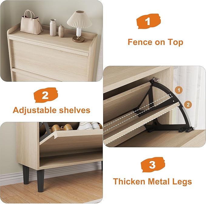 GarveeHome Shoe Cabinet with 2 Flip Drawers, Wooden Shoe Organizer Cabinet with Adjustable Shelf, Shoe Storage for Entryway, Hidden Shoe Cabinet for Hallway, Living Room, Natural Oak
