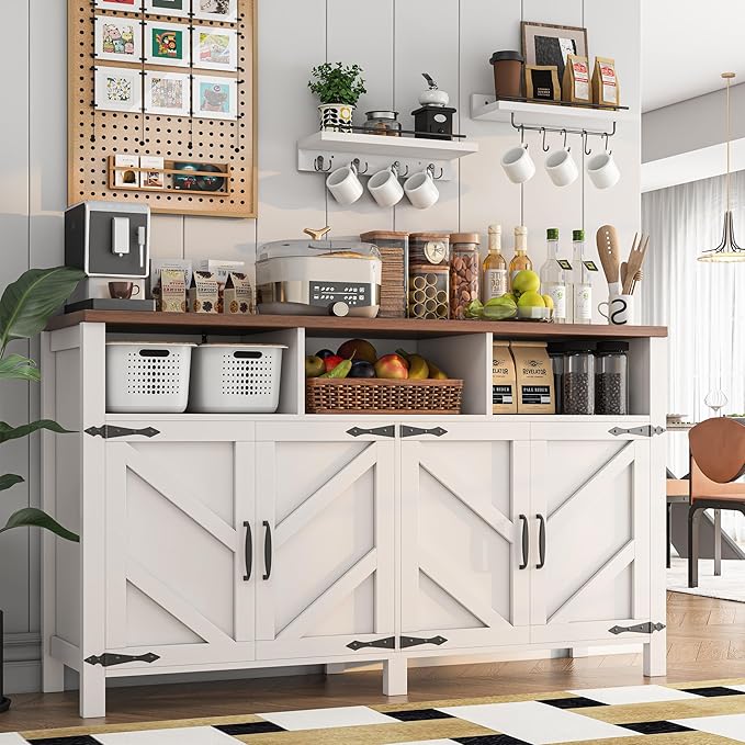 Buffet Sideboard with Storage Farmhouse with 4 Doors, 55'' Large Kitchen Storage Cabinet Wood Coffee Bar Cabinet Buffet Table with Shelves for Kitchen, Dining Room, Entryway