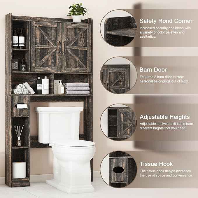Over The Toilet Storage Cabinet, Farmhouse Storage Cabinet Over Toilet with 2 Barn Doors & Toilet Paper Holder Stand，Home Space-Saving Toilet Rack, for Bathroom, Restroom, Laundry