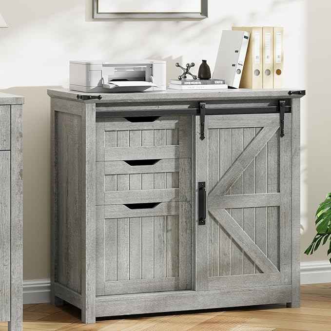 Vabches Lateral File Cabinets with Adjustable Shelf, Farmhouse Filing Cabinet for Home Office, Filing Organization Storage Cabinets with Sliding Barn Door for Hanging Files Letter/A4.
