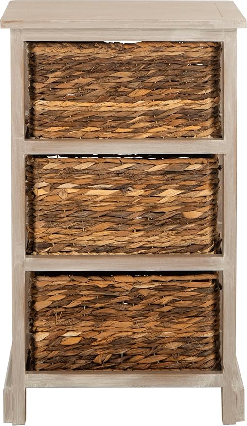 SAFAVIEH Home Collection – Halle White Washed Storage Side Table with Wicker Baskets, Farmhouse Accent Storage, Fully Assembled (AMH5738E)