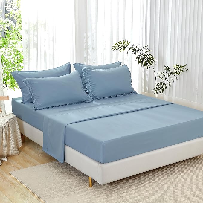 Andency Full Size Comforter Set Grayish Blue -7 Pieces Boho Tassel Bed in a Bag Soft Lightweight Bedding Sets, All Season Fringe Bed Set with Comforter, Sheets, Pillowcases & Shams