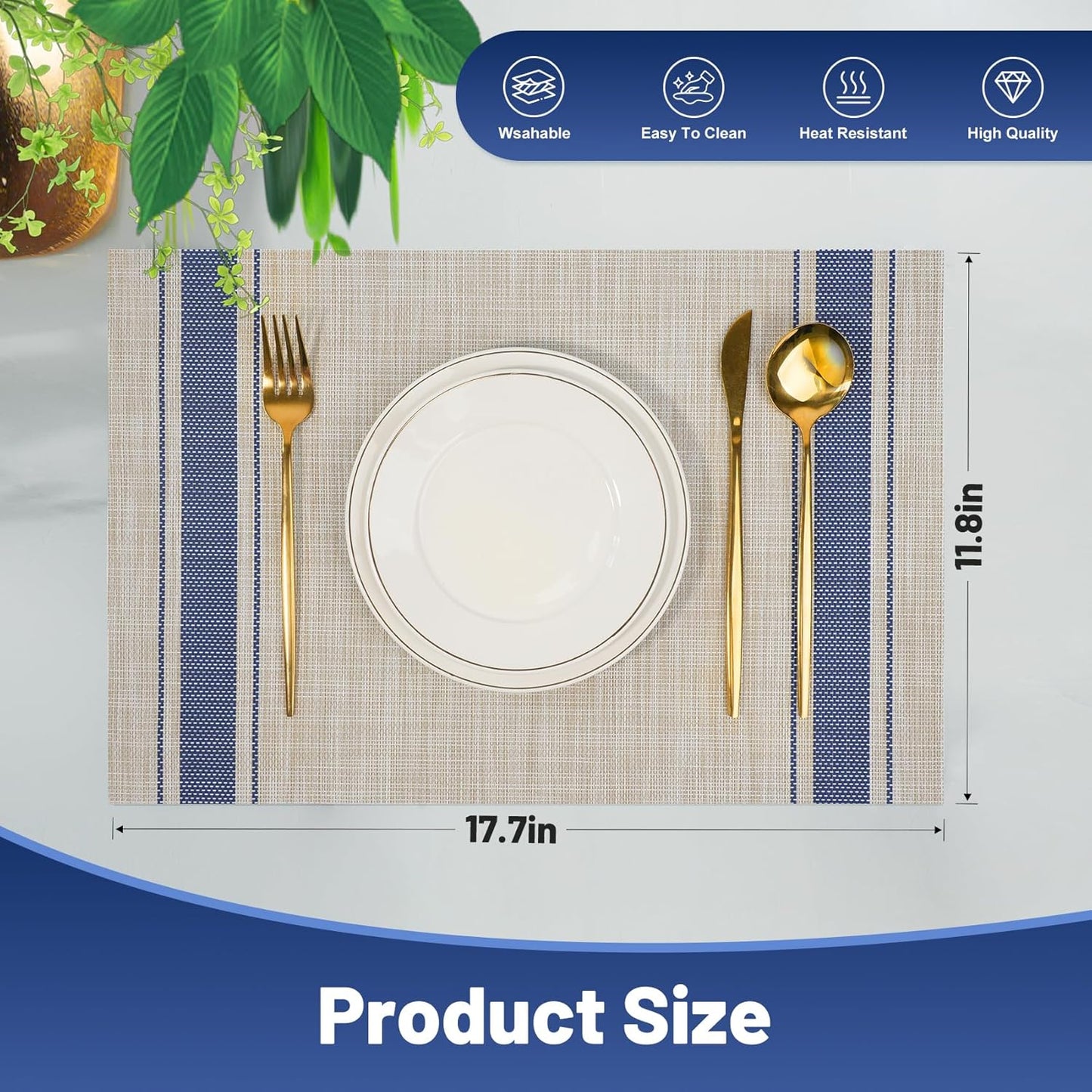 Placemats Set of 8，Non-Slip PVC Weave Table Mats Easy to Clean，Heat Resistant Place Mats for Kitchen Dining Table Decoration Indoor Outdoor，Khaki Blue