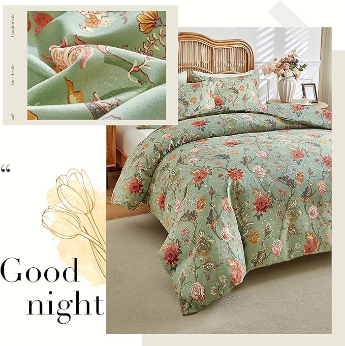 LifeTB Queen Comforter Set Boho Vintage Green Floral Comforter Bohemian Flower Vines Botanical Comforter with 2 Pillowcases Fluffy Soft Microfiber Farmhouse Floral Bedding Comforter Set Queen Size