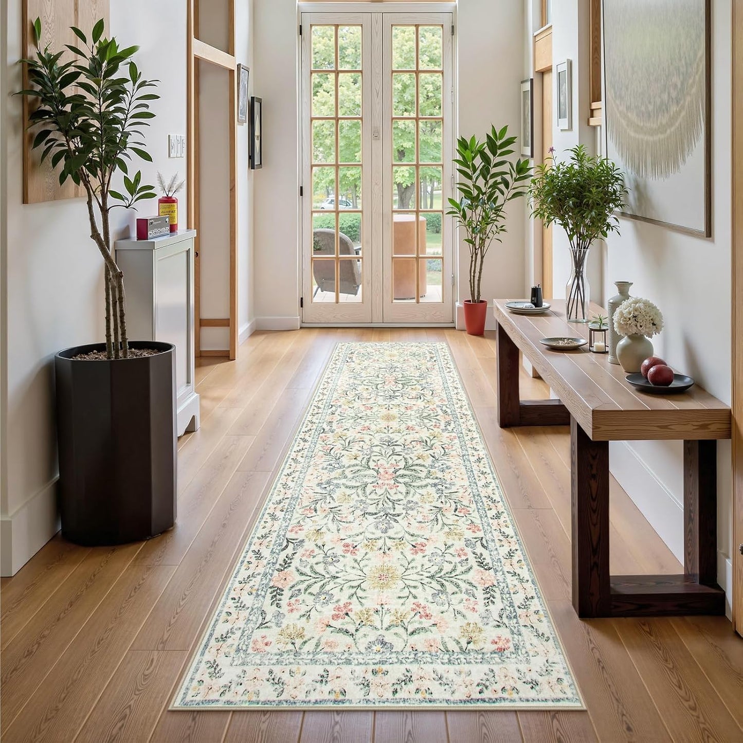 Wonnitar Washable Rug Runner 2'6''x8', Boho Floral Hallway Runner Rug 8ft Long Carpet for Bedroom, Soft Non Slip Ultra-Thin Beige Carpets for Bathroom Kitchen Bedside