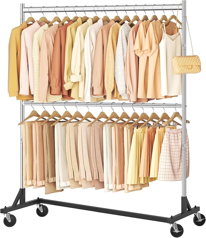 Hoctieon Double Rod Clothes Racks with Z-Base, Adjustable Clothing Rack, Standing Clothes Rack, Metal Clothing Racks for Hanging Clothes, Rolling Garment Rack, Chrome