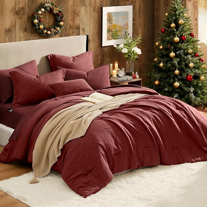 Geniospin Queen Comforter Set - 7 Pieces Comforter Queen Size, Solid Bedding Set for All Season, Dark Red Textured Bed in a Bag with Sheets