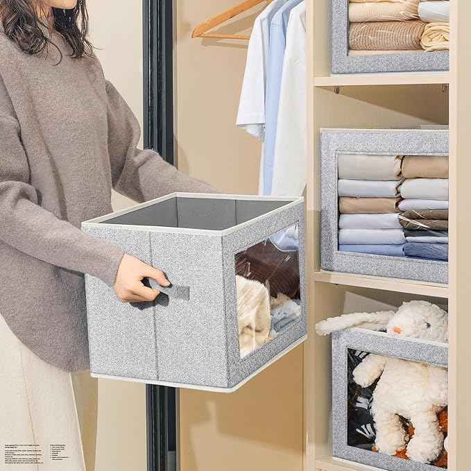 Storage Bins with Lids, 6 Pack Large Storage Cubes with Window, Closet Bins with Lids & Handles, Fabric Box for Organizing Clothes, Towels, Books, Blended