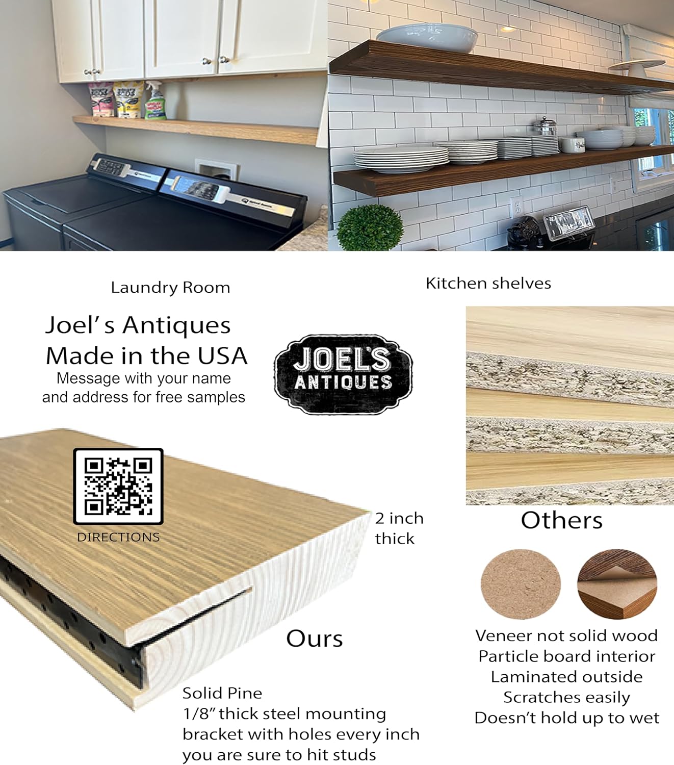 Joel's Antiques 42 Inch Wooden Floating Shelves for Wall - 42x8x2 in - Made of Natural Wood - Heavy Duty Rustic Wall Shelves Made in USA - Perfect for Living Room, Kitchen - Black