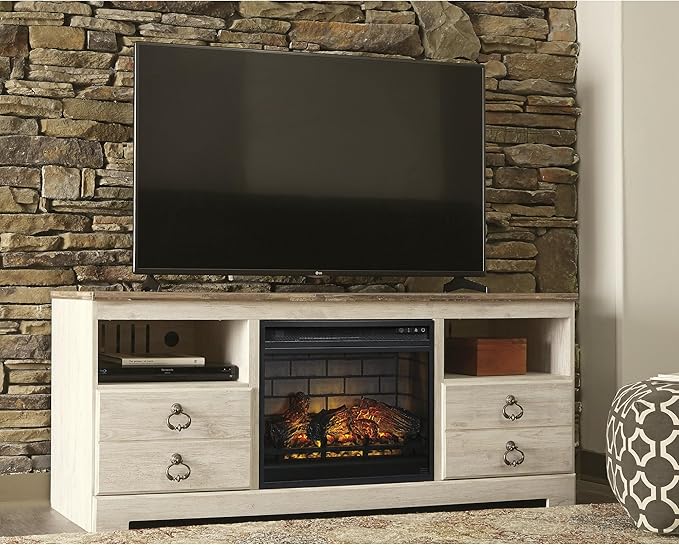 Signature Design by Ashley Entertainment Accessories Vintage 64" TV Stand with Electric Fireplace and LED Lights for TVs up to 72", Whitewash