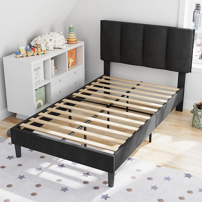 VECELO Twin Size Bed Frame with Upholstered Headboard, Heavy-Duty Bedframe with Wooden Slats & Steel Framework, Easy Assembly, Velvet & Black
