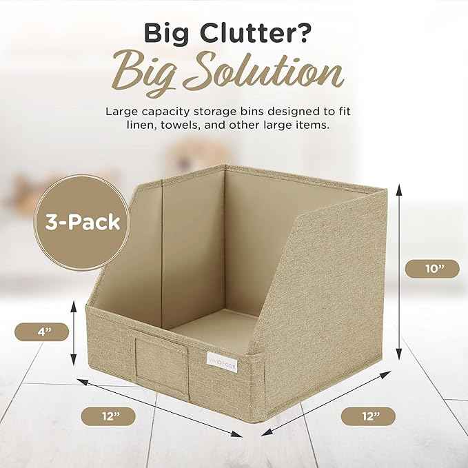 Storage Cubes – 12x12x10 Fabric Baskets for Organizing, Storage Baskets for Shelves, Front Opening Fabric Bins, Closet Organizer Bins for Clothes, Towels, Sweaters, Linen – Brown, 3 Pack