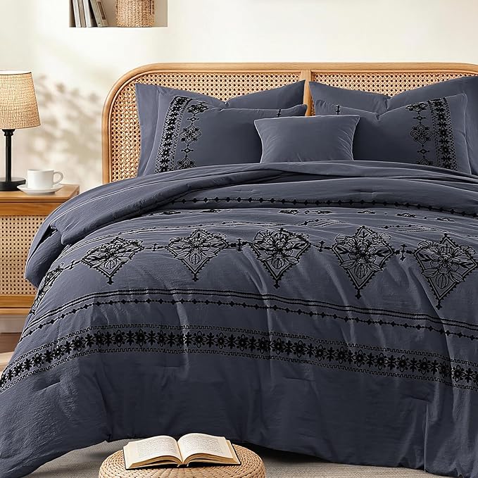 MaiRêve Queen Size Comforter Set Crown Blue, Embroidery Floral Western Boho Bedding Set, All Season 7 Pieces Bed in a Bag with Sheets, Pillowcases & Shams