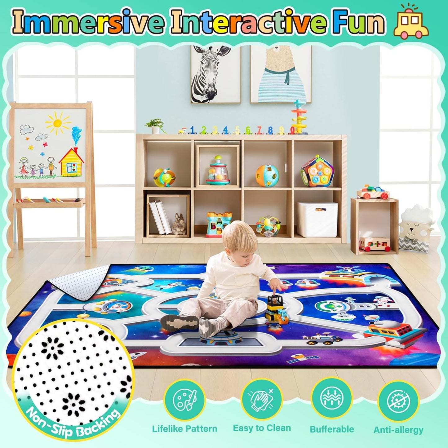 Kids Rug, Space Themed Baby Play Mat, 5x7 Ft Playroom Rug, Colorful Cartoon Outer Space, Planet, Rocket, Spaceship Road Carpet for Playroom, Educational Learning Carpet for Kids Mat