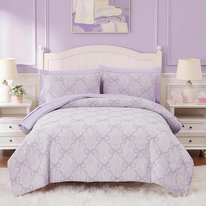 Queen Comforter Set with Sheets for Girls-7 Pieces Queen Bedding Sets with Light Purple Comforter, Sheets, Pillowcases & Shams for Kids (Purple Diamond, 90" X 90")