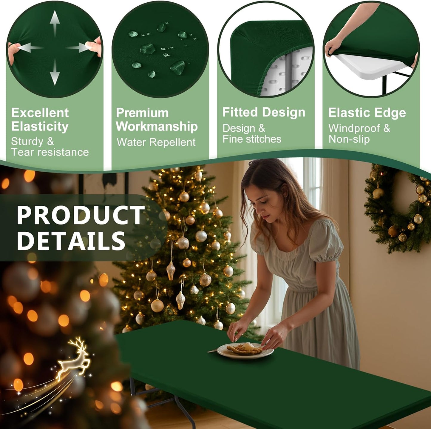 Fitted Tablecloth for 8 Foot Rectangle Tables-6 Pack Hunter Green Elastic Outdoor Picnic Table Cover-Spandex Stretch Folding Table Cloths 8ft for Camping Dining Patio Kitchen Banquet Party