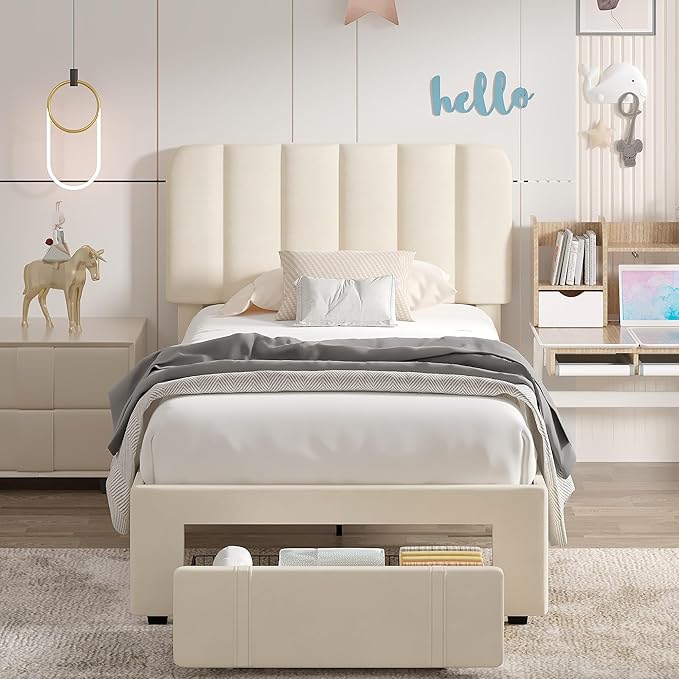 VECELO Twin Size Upholstered Bed Frame with 4 Drawers and Headboard, Velvet Platform Storage Bedframe, Wooden Slats Support, No Box Spring Needed,Bone Beige