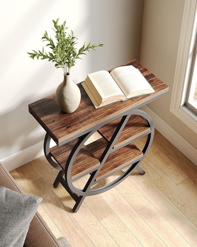 LITTLE TREE End Table, Set of 2 Narrow Side Table with 4-Tier Large Storage Space, Modern Bedside Table for Living Room, Home Office, Bedroom, Brown