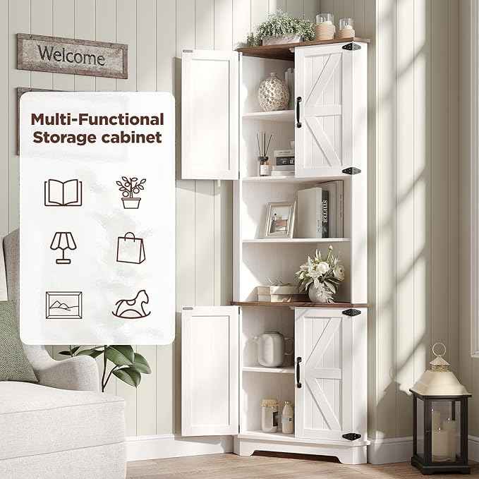 Vabches 68.9" Tall Corner Cabinet, Farmhouse Style Storage Cabinet with Adjustable Shelve, Barn Door Design, Home Space Saver for Kitchen,Bathroom, Living Room, Dining Room (White)