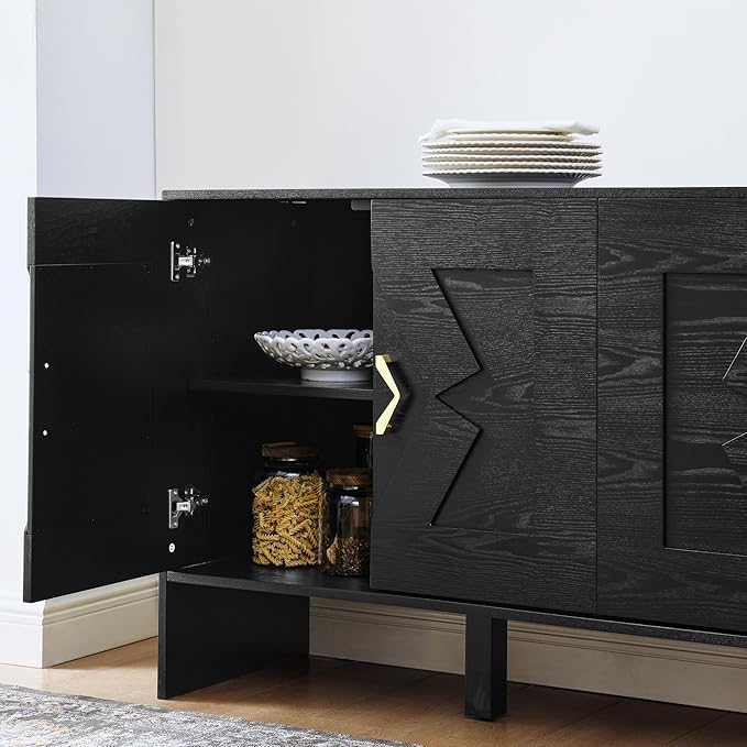 Ball & Cast 60" Mid Century Modern Sideboard Buffet Cabinet with Storage, Credenza & Media Console w/Geometric Pattern Doors & Adjustable Shelves for Living Room,Kitchen Coffee Bar,Entryway,Black
