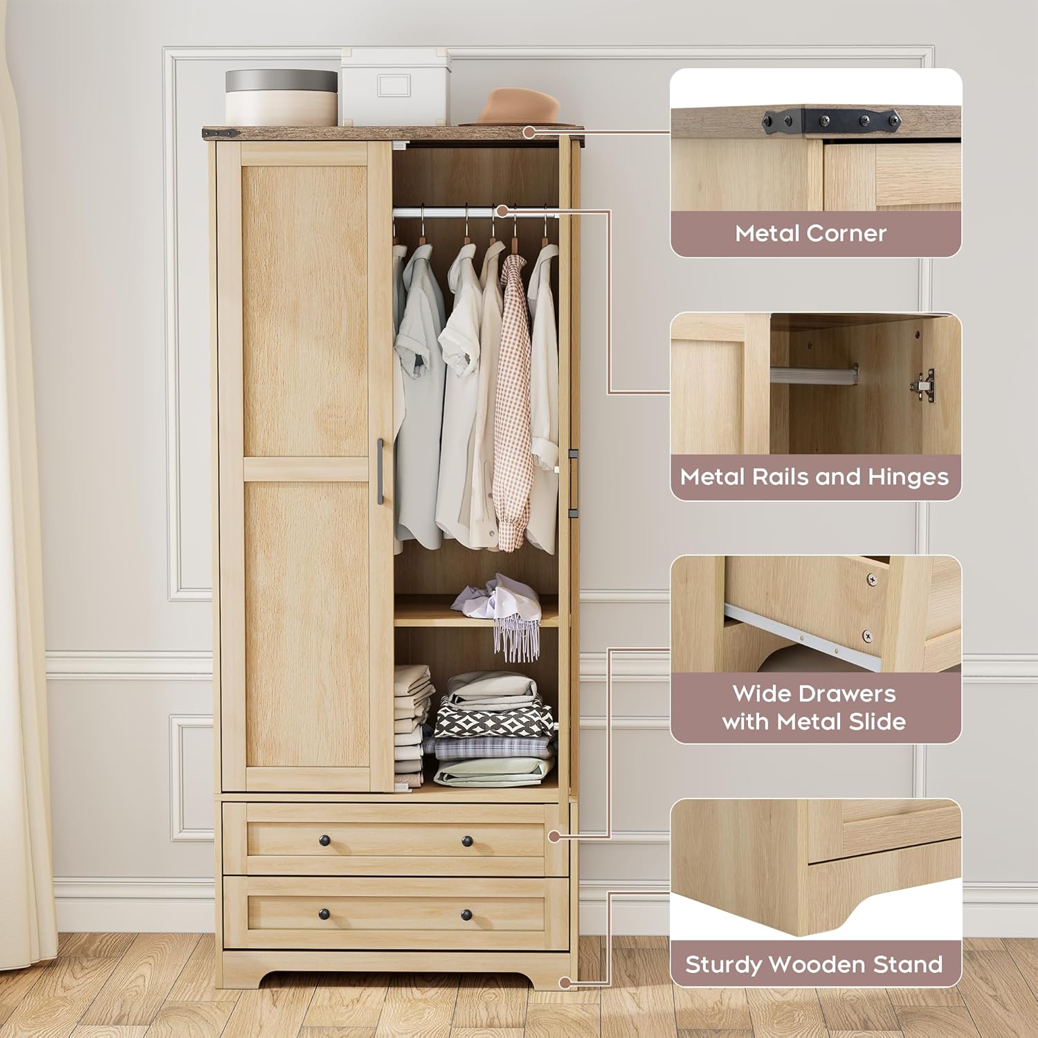Brafab Wooden Armoire Wardrobe Closet with 2 Modern Doors, 71" Tall Freestanding Closet Wardrobe Cabinet with Drawers and Hanging Rail, Storage Cabinet with Shelve for Bedroom (Natural, 2 Doors) - Décor Diaries