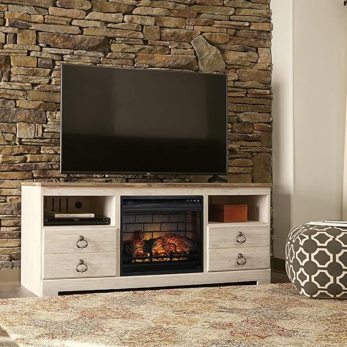 Signature Design by Ashley Entertainment Accessories Vintage 64" TV Stand with Electric Fireplace and LED Lights for TVs up to 72", Whitewash