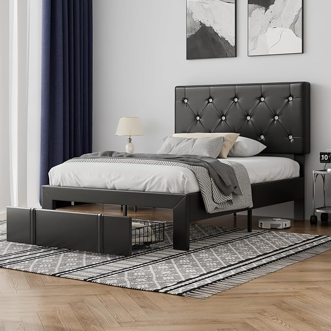 VECELO Twin Size Bed Frame with Storage Drawers, Leather Upholstered Bedframe with Diamond Tufted Headboard, Solid Wood Slat Support, No Box Spring Needed, PU Black
