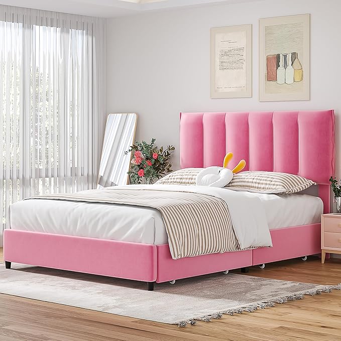 VECELO Queen Size Bed Frame with 4 Storage Drawers, Adjustable Height Headboard, Heavy-Duty Platform Bedframe with Strong Wooden Slats, No Box Spring Needed, Pink