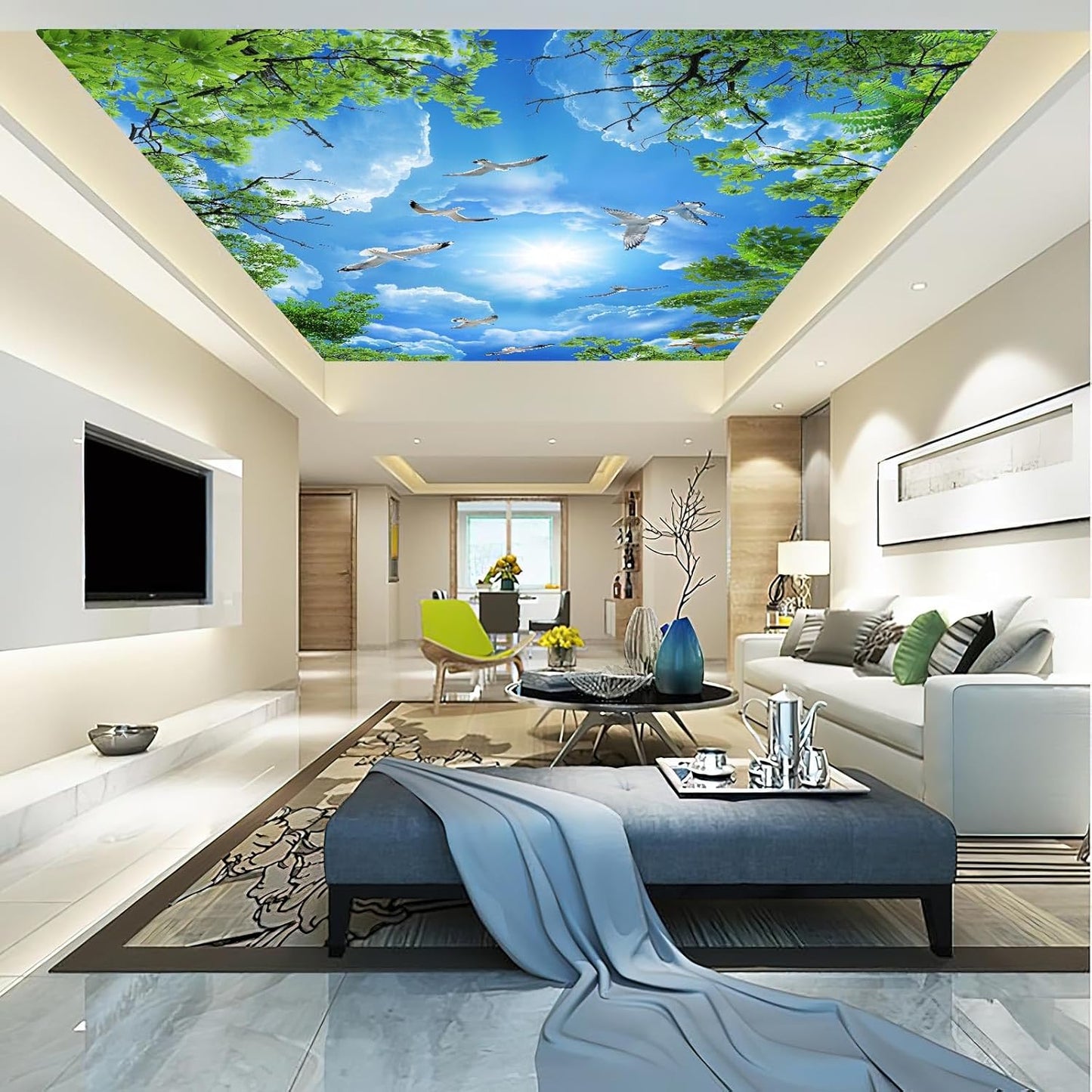 Sky Seagull Green Tree Ceiling 3D Wall Mural Wallpaper 178" x 117"