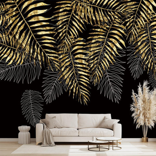Black and Gold Leaf Mural Bedroom Tropical Botanical Wallpaper Room Plant Decor Living Room tv Background Large Wall Mural - 91"x65" (Not Peel and Stick)