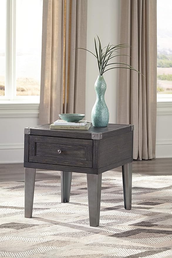 Signature Design by Ashley Todoe Industrial Square End Table with 1 Drawer, 2 Outlets and 2 USB Charging Ports, Dark Gray with Weathered Pine Finish