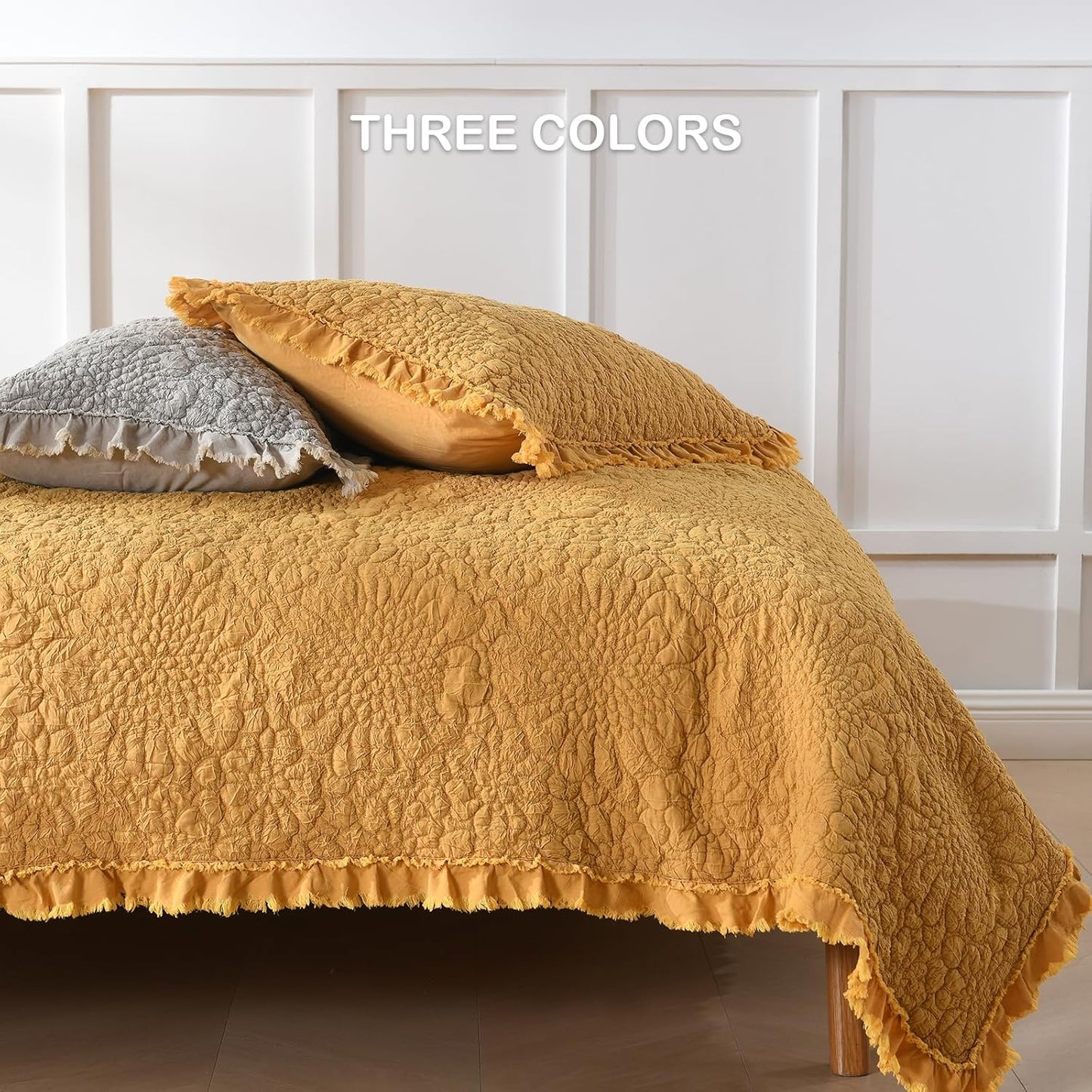 HORIMOTE HOME Beige Ruffled Quilt Queen Size, Stone-Washed Microfiber Lightweight Crinkled Farmhouse Rustic Shabby Chic Bedding Set, 3 Pieces Reversible Bedspread with Pillow Shams for All Season