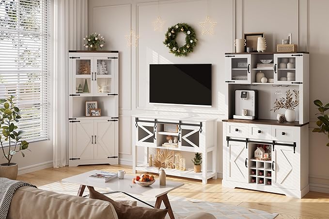 72 in Farmhouse Bar Cabinet with Sliding Barn Door, Tall Kitchen Buffet with Storage Hutch and 3 Drawer, Rustic Coffee Wine Bar Sideboard with Wine & Glasses Rack, for Living Room, Pure White