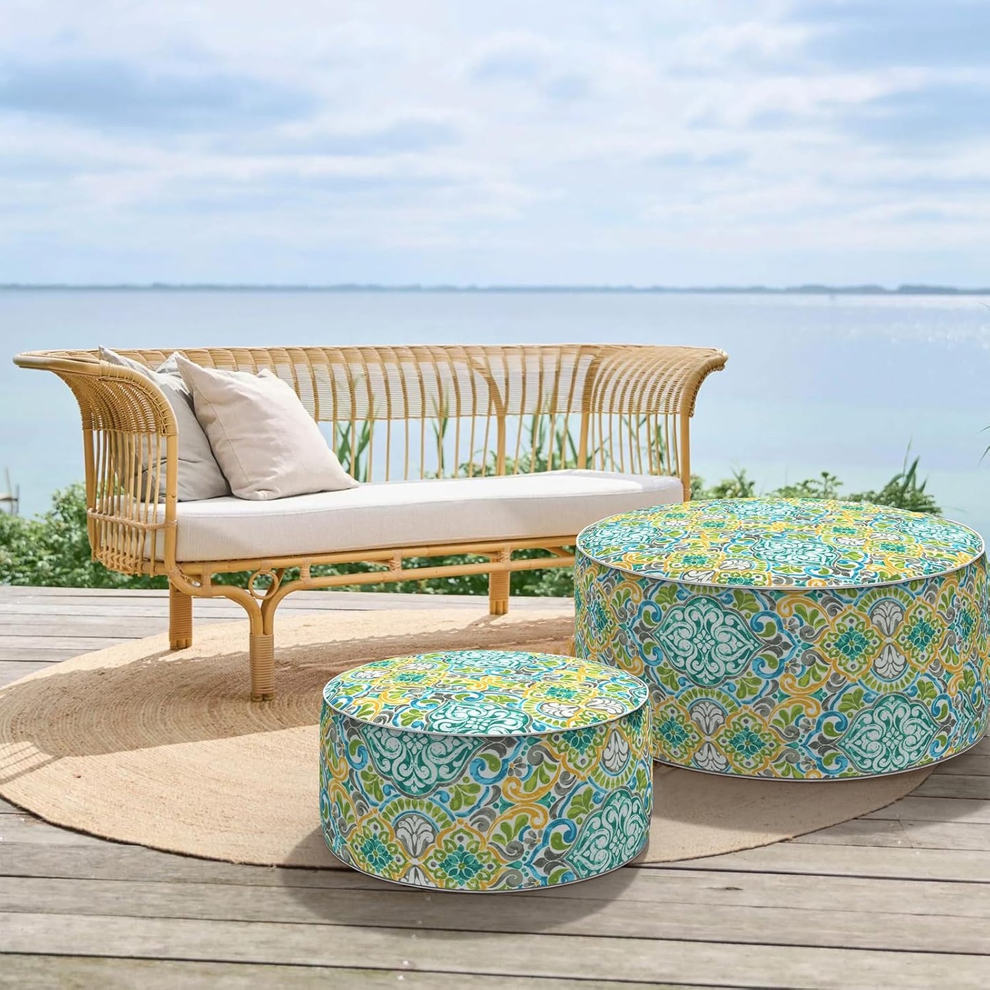 Inflatable Ottoman Stool D31 xH14 for Outdoor/Indoor Use, Water Repellent Patio Foot Rest Stool with Portable Handle,Round Pouf Ottoman Suitable for Garden,Deck and Camping - Damask Green