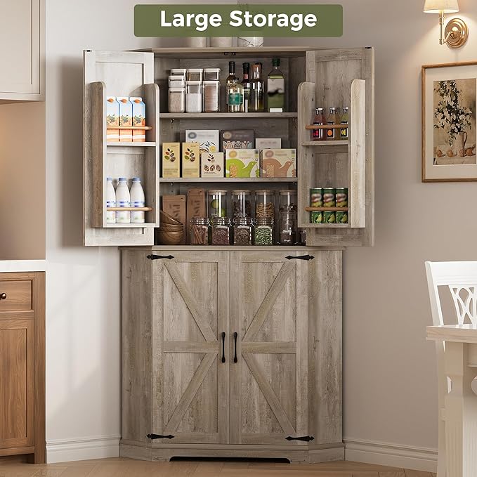 IRONCK Corner Cabinet, 72" Kitchen Pantry Cabinet, 6-Tier Farmhouse Pantry with 2 Adjustable Shelves, 240° Swivel Doors, 2 Doors Storage, Spacious Hutch for Kitchen, Living Room, Rustic Maple