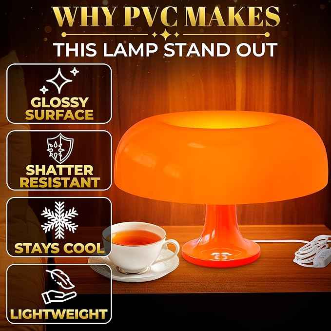 Orange Mushroom Lamp for Bedroom – Aesthetic Vintage Mushroom Lamps with 3 Lighting Colors & 10 Brightness – USB Powered Nightstand Retro Lamp for Reading Room, Office, Dorm | ABS + PVC Build