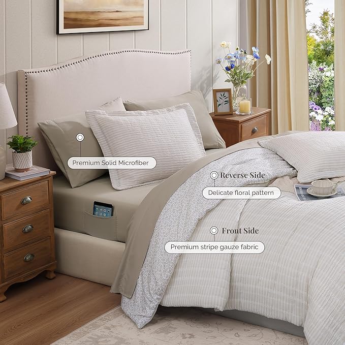 Queen Comforter Set - 7 Pieces Beige Gauze Muslin Bedding Sets for All Seasons, Lightweight Breathable Bed in a Bag Queen with Revesible Farmhouse Comforter, Sheets, Pillowcases & Shams