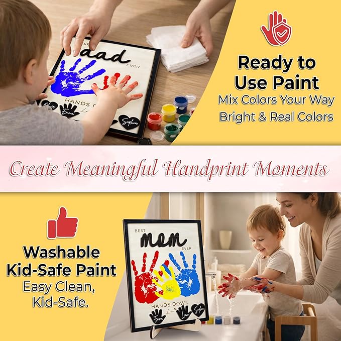 10" Best Dad Ever Hands Down Sign DIY Dad Gifts from Kids Handprint Kit with Acrylic Paint, Toddler Craft Birthday Gift Father's Day for Daddy, Papa Family Plaque with Daughter, Son Names HF90-D