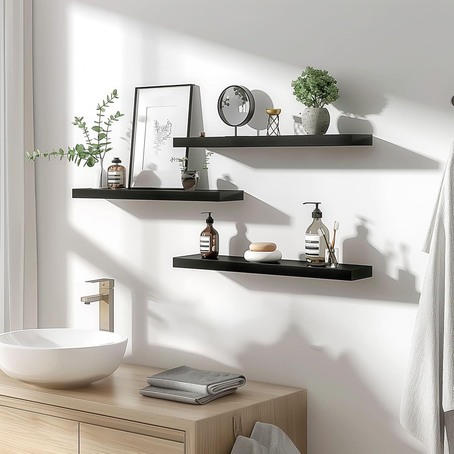 Wood Floating Shelves for Wall Decor, Rustic Wall Shelves for Bedroom Bathroom Kitchen Living Room, Set of 4 Black 24 Inch - Décor Diaries