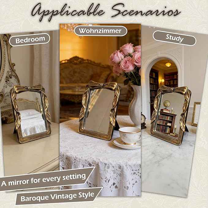 Vintage Rectangular Vanity Desk Mirror - 8x6Inch Wall-Mounted & Tabletop Decorative Ornate Gold Accent Retro Makeup Mirror for Bedroom Dresser Living Room Bathroom Dorm Champagne Gold
