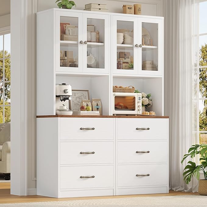 Keyluv 71“ Tall Kitchen Pantry Storage Cabinet with Microwave Stand, Buffet Kitchen Hutch with Shelves and Drawers, Wood Coffee Bar Pantry Cabinet with Glass Doors, for Dining Room/Small Space, White
