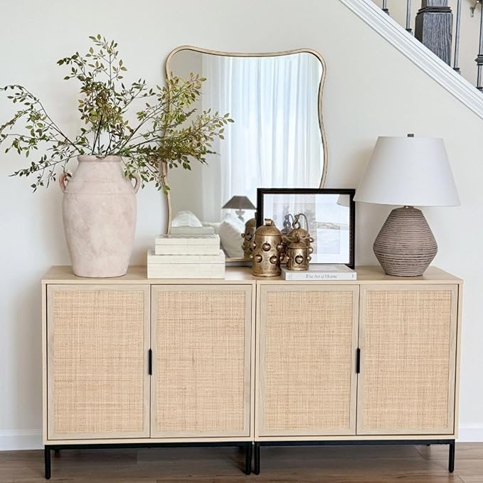 Nathan James Andrew Bohemian Entryway Storage Cabinet or Kitchen Sideboard Credenza, Rattan Accent Cabinet with Metal Legs, Light Oak/Matte Black