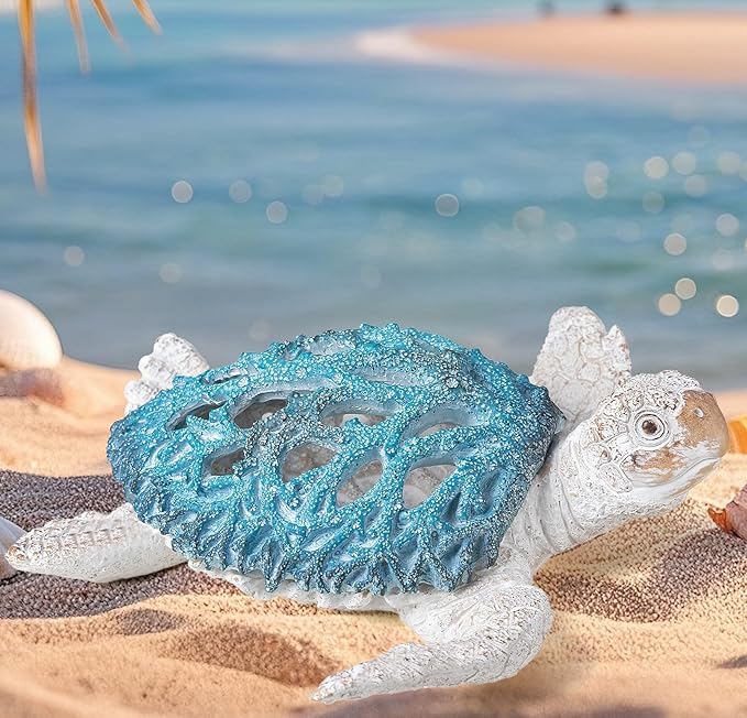 VVGIFTS Ocean Decor Sea Turtle Coral Reef Home Office Decor Sculpture Beach Coastal Tabletop Shelf Collection (Blue)