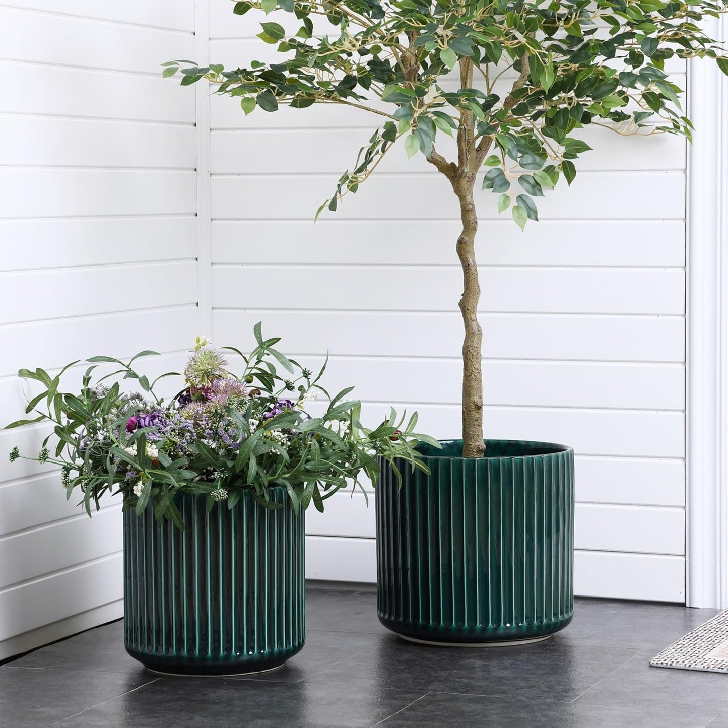 LuxenHome 13.5" Dia Round Ceramic Plant Pots, Large Indoor Outdoor Decorative Planters with Drainage Holes and Rubber Plug, Modern Jade Green Glazed Ribbed Flower Pots Planters for Home Garden Patio